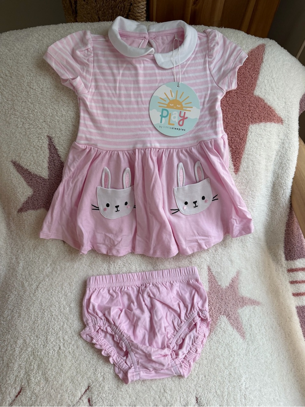 PLAY Little Sleepies Pink Striped Bunny Dress with Matching Bloomers 6-12 mo NWT